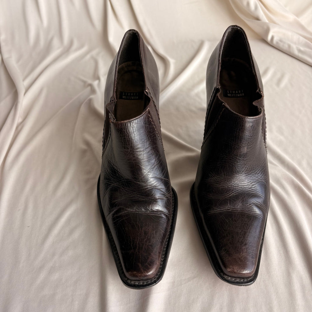 Vintage Stuart Weitzman Brown Leather Ankle Booties - Curved Heel, 7.5