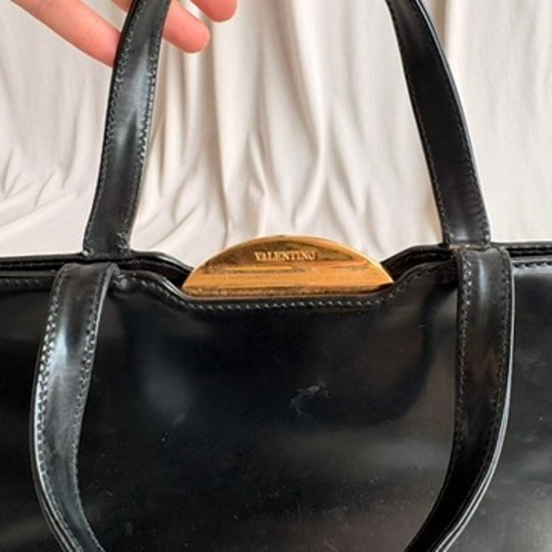 Vintage Valentino 80s Black Patent Leather Bag w/ Gold Clasp