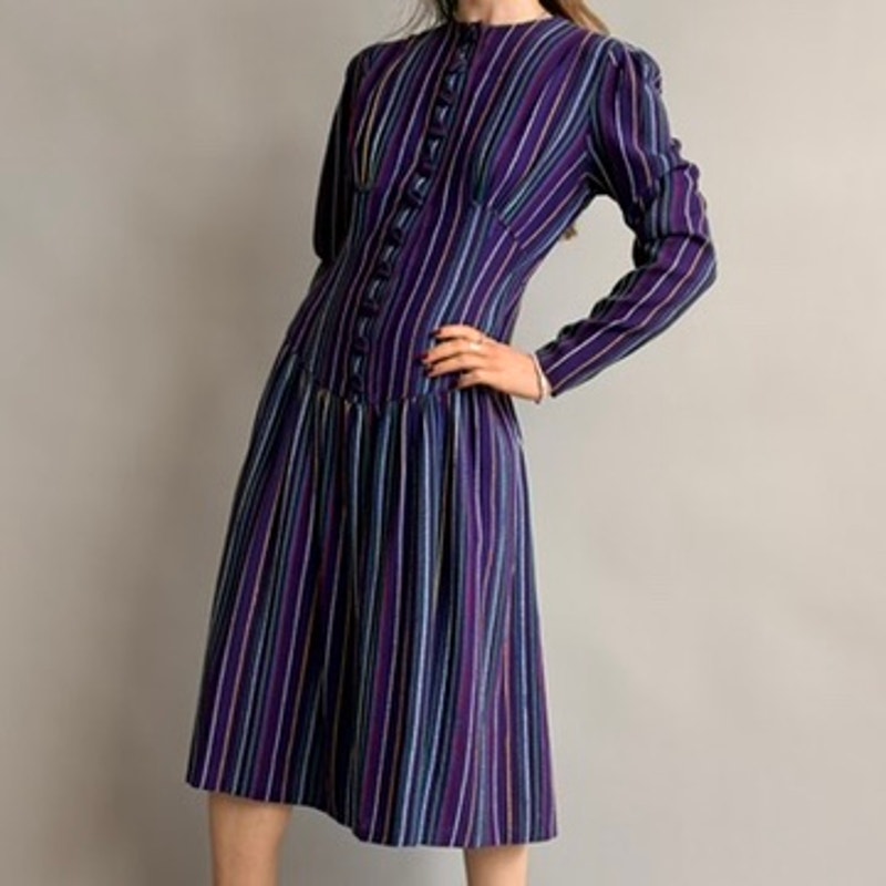 Vintage 1940s Purple Striped Wool Button-Front Day Dress