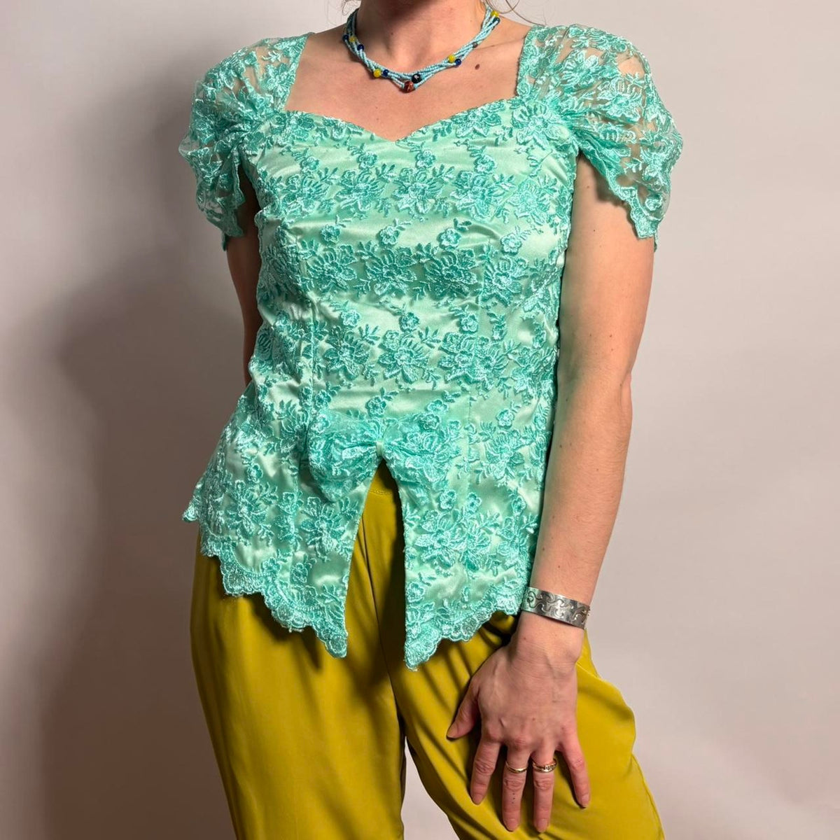 Vintage  Teal Lacy Cap Sleeve Blouse - Asymmetrical Hem- Small