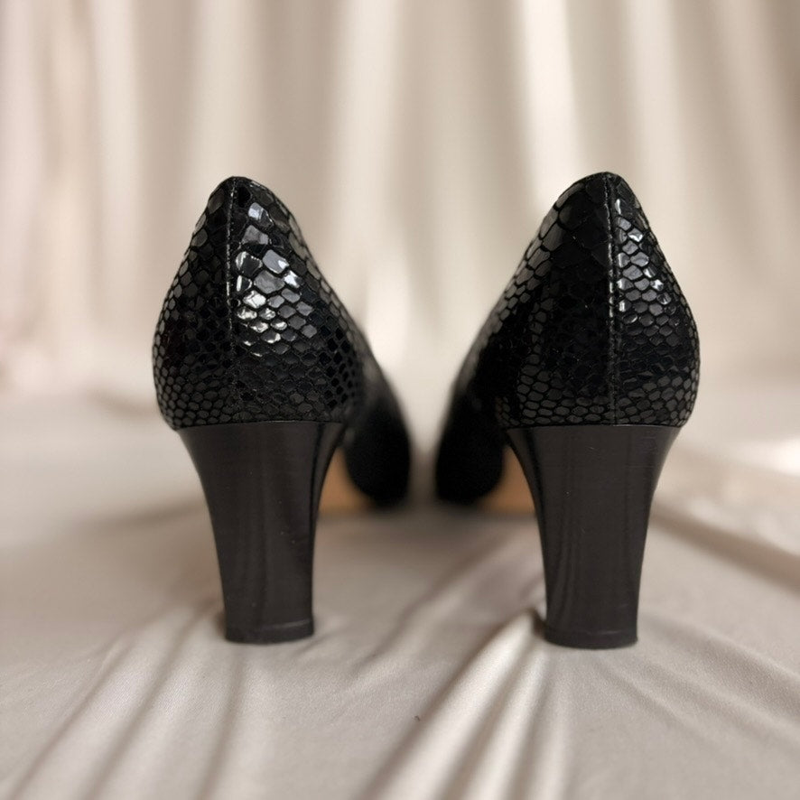 VALLEVERDE Snakeskin Pumps - Black, Block Heel, Made in Italy, EU 38.5 / US 7.5