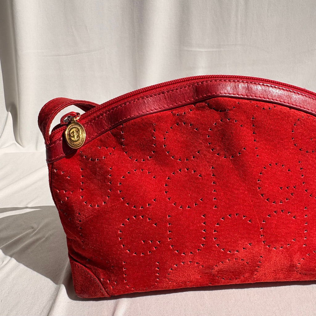 Vintage Gucci Red Suede Perforated Giant Logo Pouch Crossbody Bag