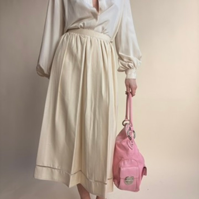 Anne Klein Cream A-Line Midi Skirt - Mesh Trim, Pockets, Linen Blend, Size 4