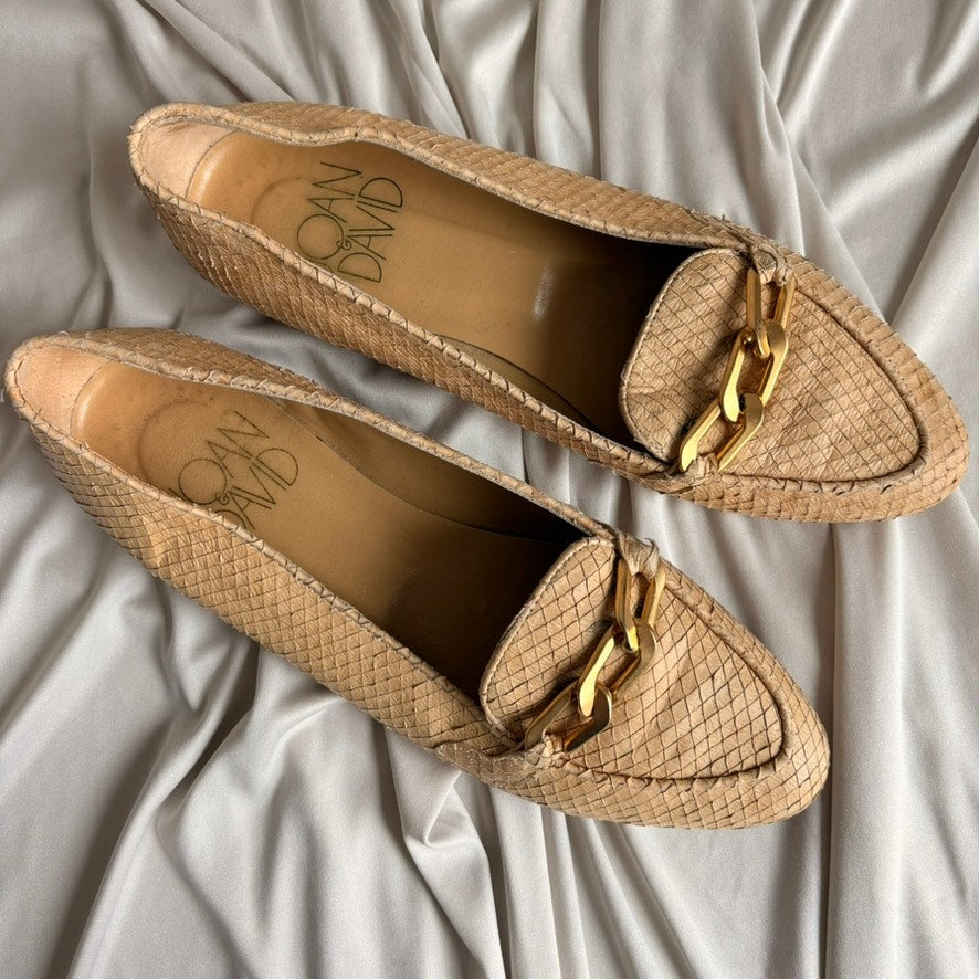 Joan & David Reptile Skin Loafers - Tan Beige, Gold Chain Detail, Size 7.5