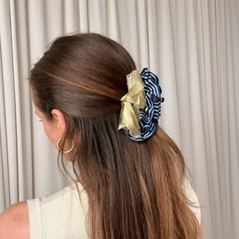 Navy & White Stripe Ribbon Claw Clip - Gold Trim, Retro, 4"