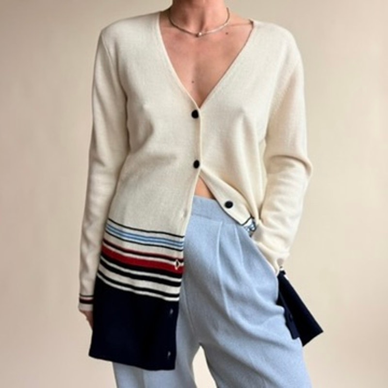 Jones & Co. Nautical Striped Cardigan - Merino Wool, Cream/Blue/Red, Y2K, Size Small