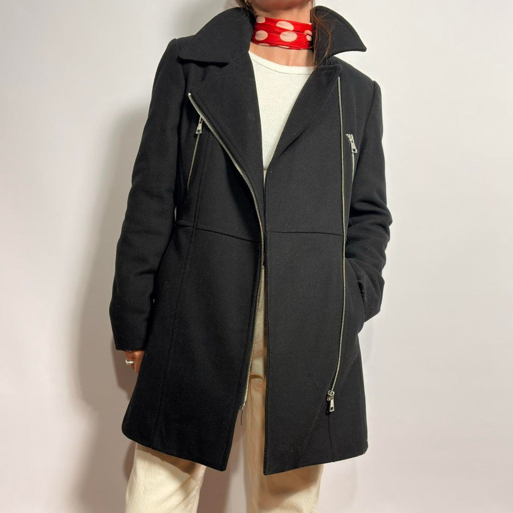 Karl Lagerfeld Black Wool Moto Coat - Small