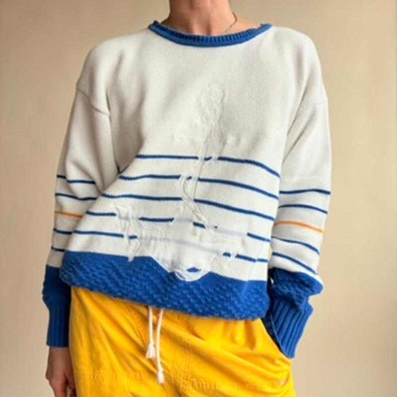 Davison's Bermuda Nautical Sweater - Blue & White Stripe, Anchor Patch, Size M
