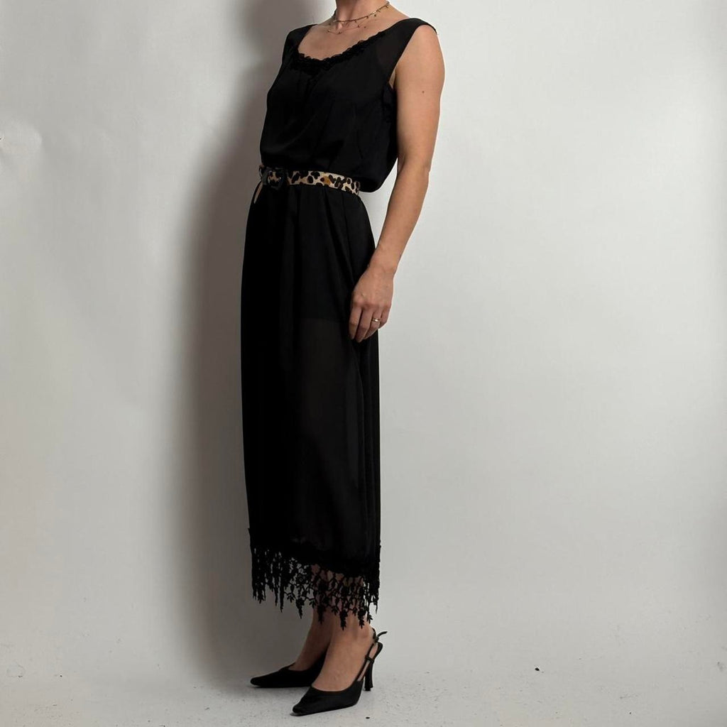 Vintage Alexander Brown Sheer Black Floral Maxi Dress - Lace Trim, Fits M/L