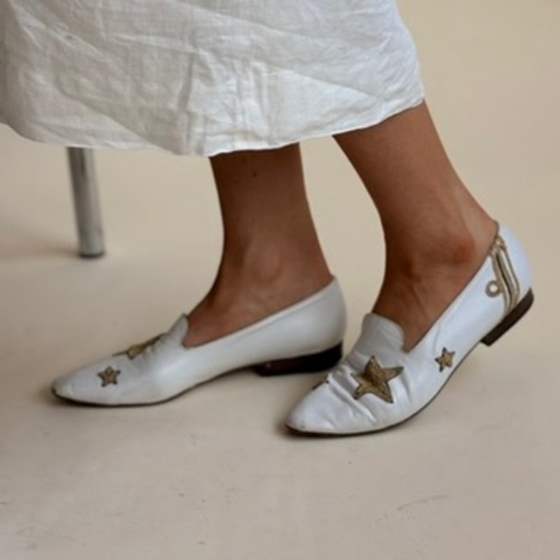 Joan & David Star Loafers - White Leather, Gold Star, Made in Italy, Size 7.5