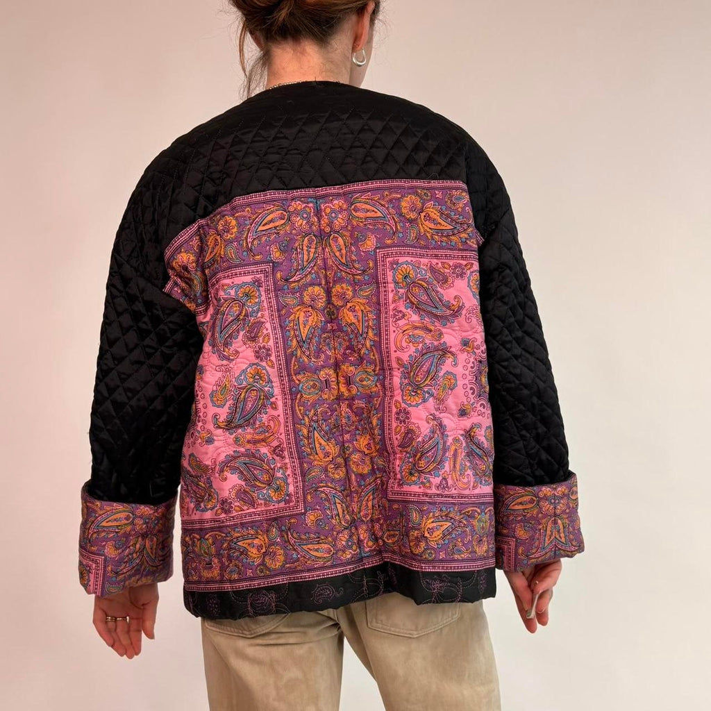 Quilted Paisley Jacket with Cowboy Boot Patch - Black & Pink
