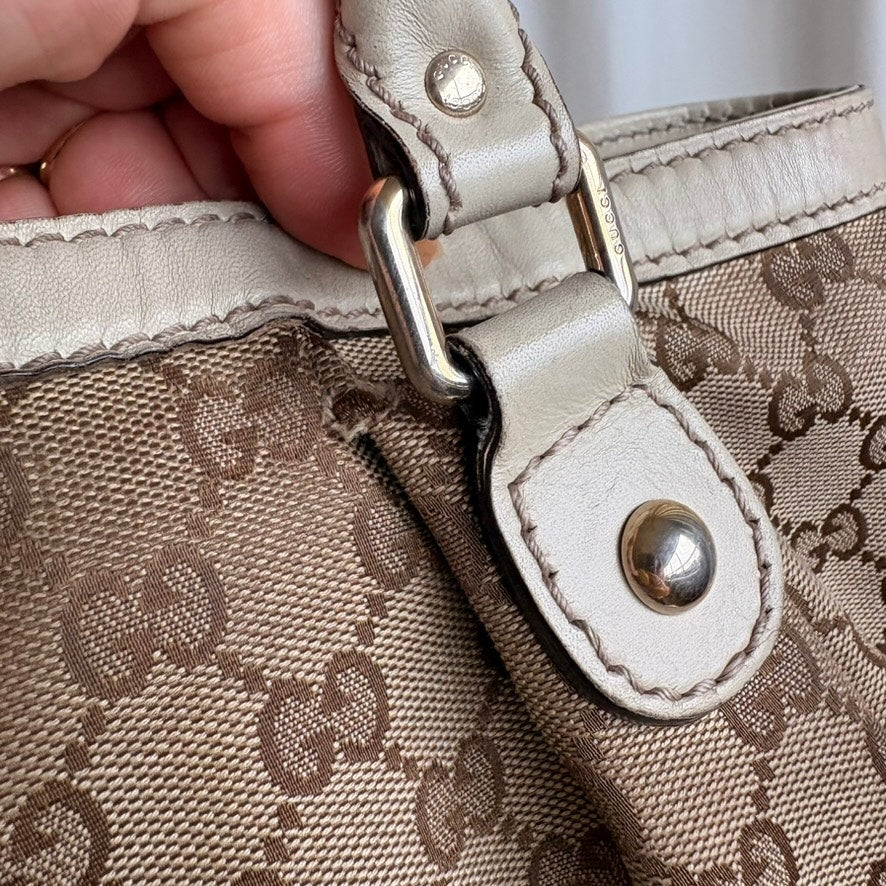 Gucci Sukey Bag Beige GG Monogram Canvas Tote with Cream Leather Handles