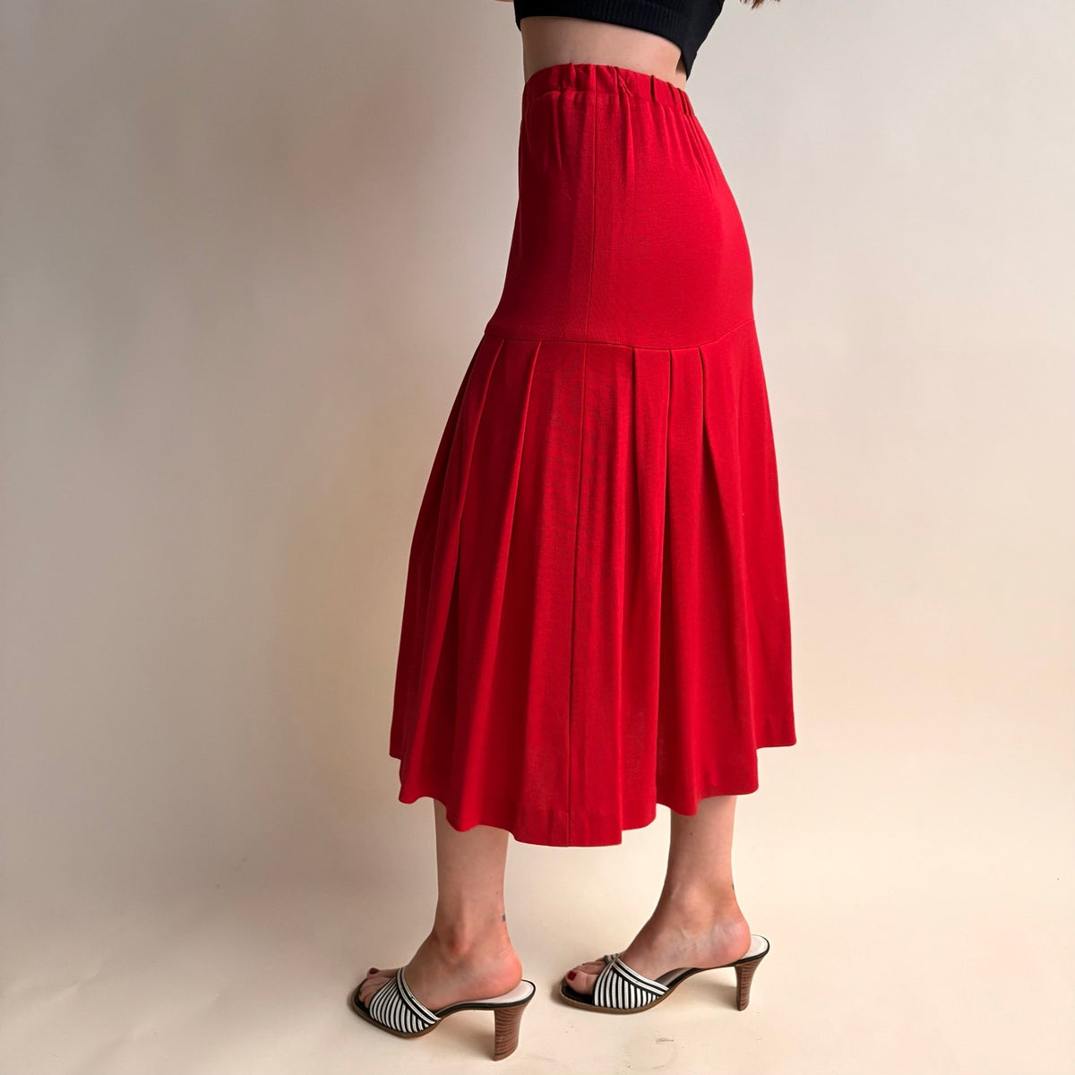 Cherry Red Drop Waist Pleated Midi Skirt - Elastic Waist, Size Small