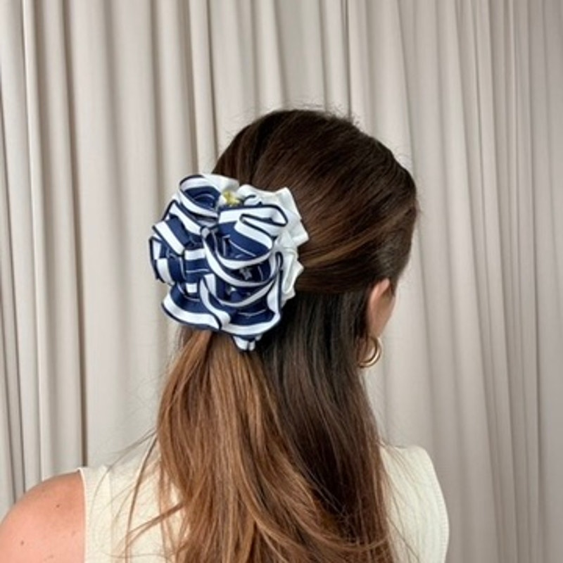 Blue & White Nautical Ribbon Hair Clip - Retro, 4"
