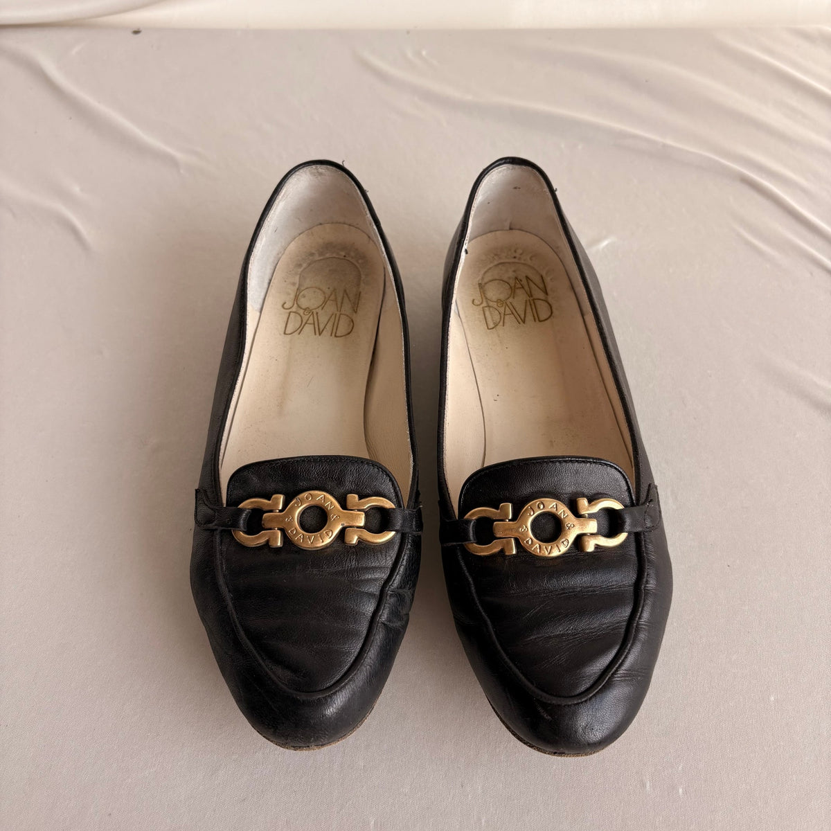 Vintage Joan & David Black Leather Loafers - Gold Gancini Hardware, Square Toe