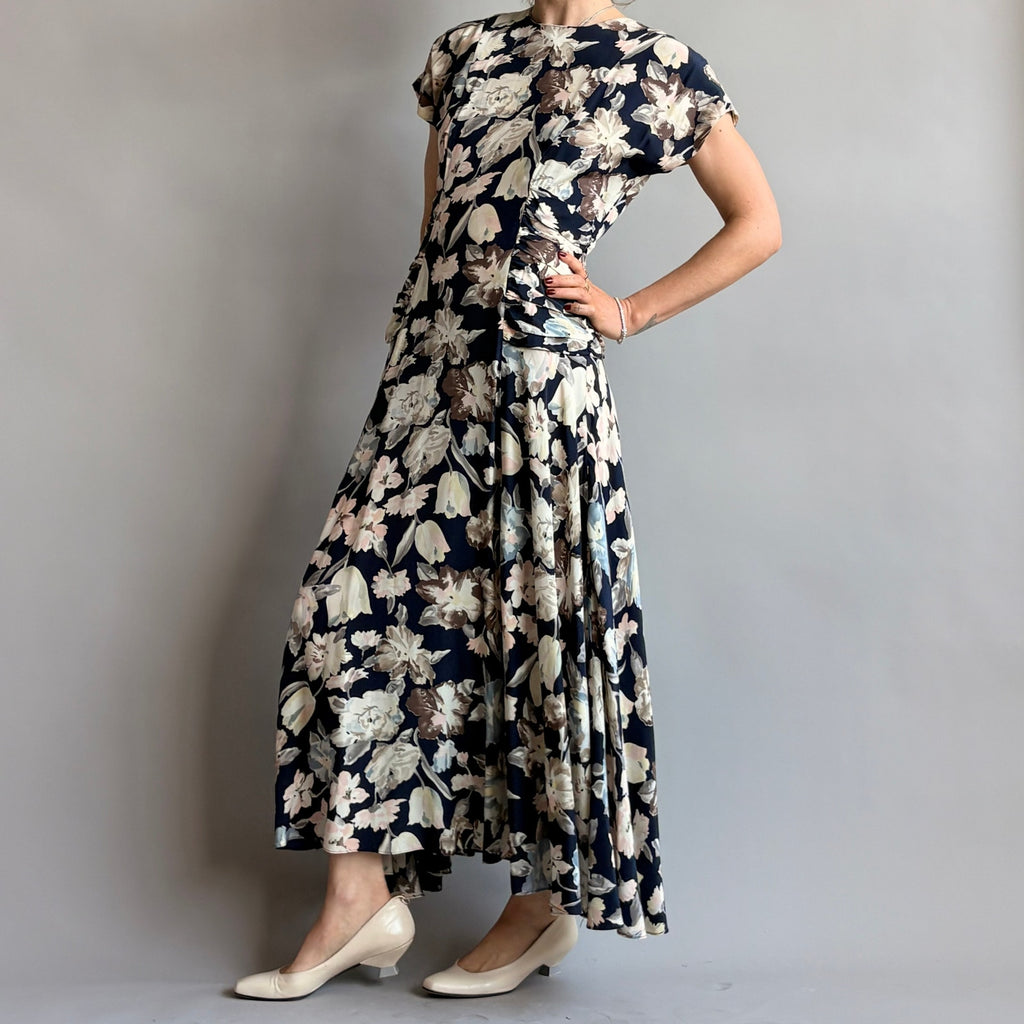 Debora Kuchme Navy Floral Ruched Maxi Dress - Size 4