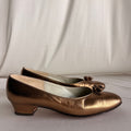 Vintage Gold Leather Round Toe Pumps - Leather Flower Detail, 1" Heel