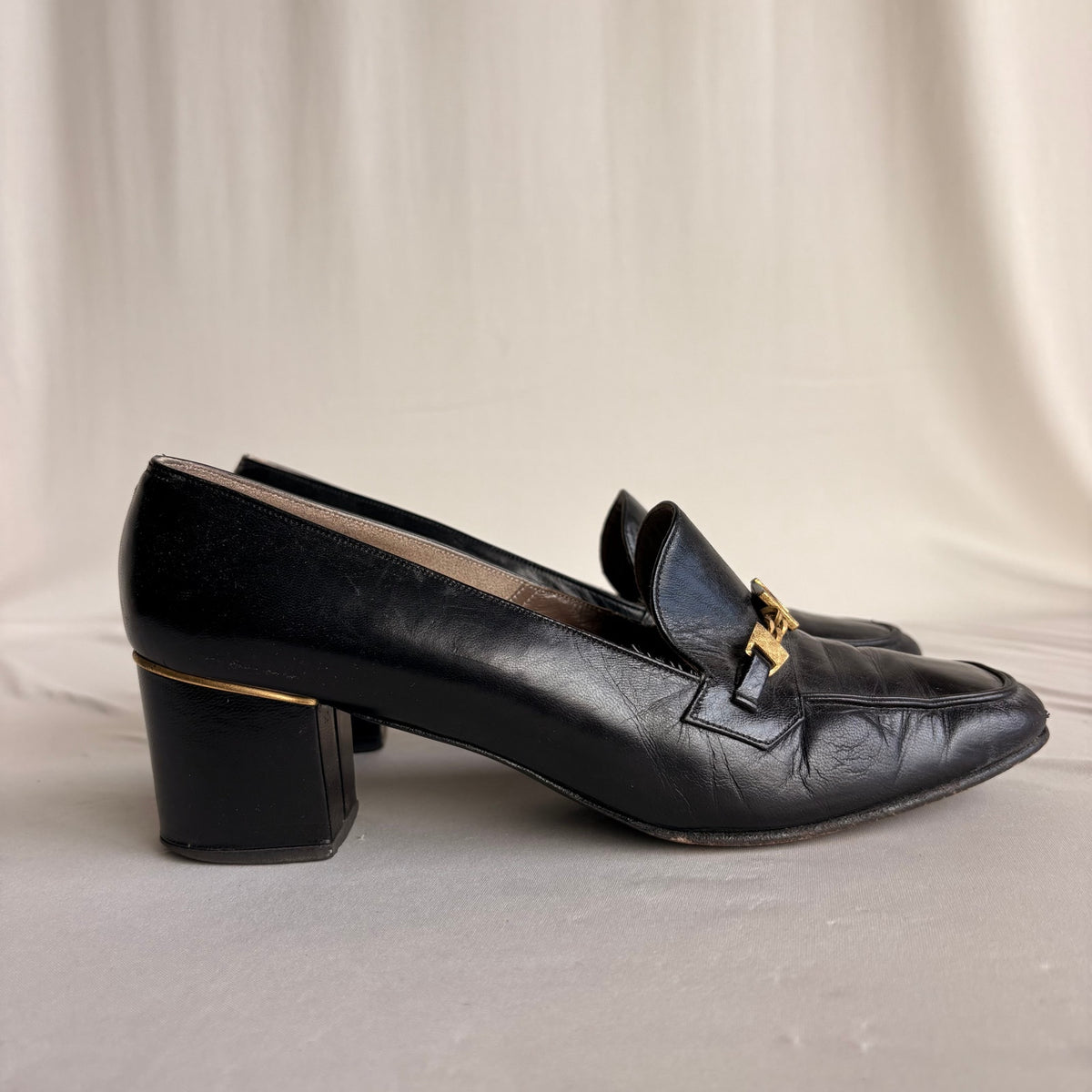 Vintage Saks Fifth Ave Black Leather Heeled Loafers - Block Heel, Square Toe