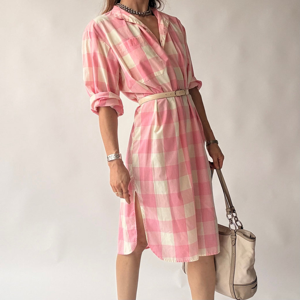 Vintage Michele Small Pink Buffalo Check Shirtdress w/ Pocket - Small