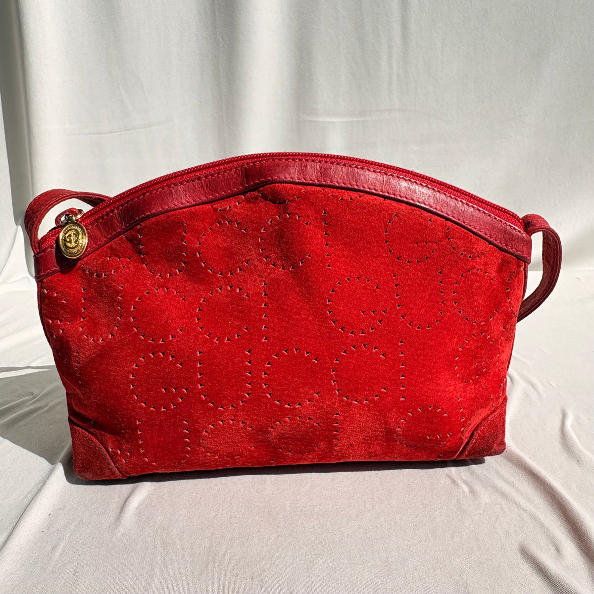 Vintage Gucci Red Suede Perforated Giant Logo Pouch Crossbody Bag