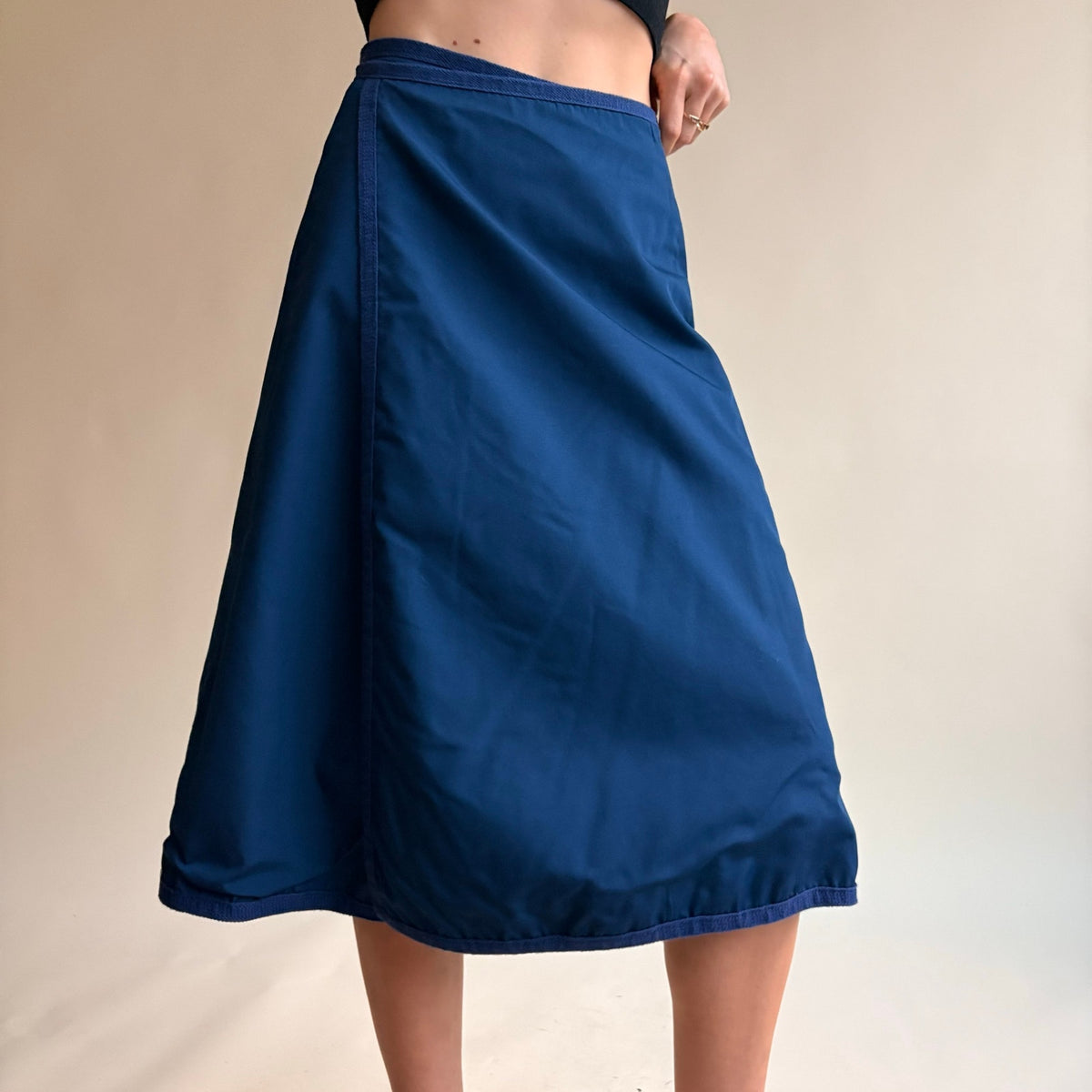 1970s Blue Reversible Floral Wrap Skirt - Navy Reverse, One Size