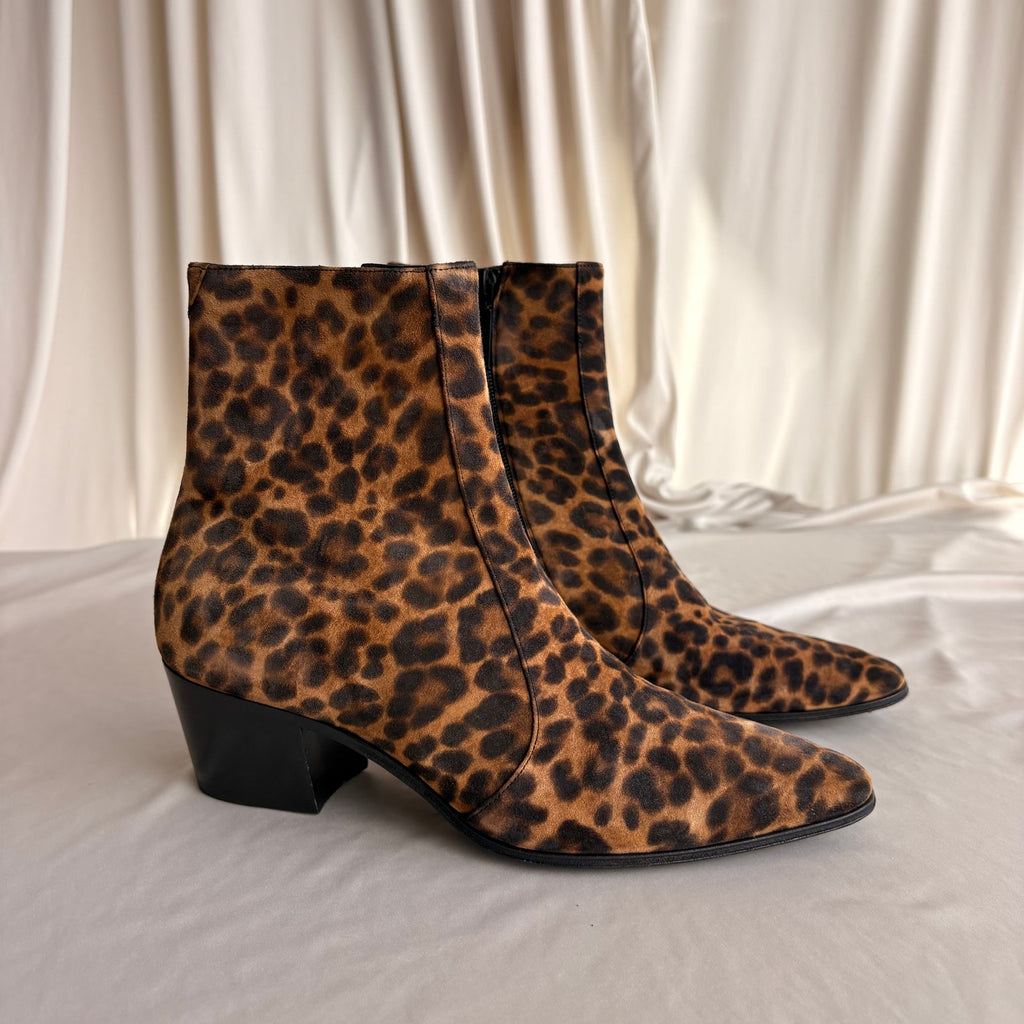 Saint Laurent Vassili 60 Leopard Suede Ankle Boots - Pointed Toe, EU 37 / US 7