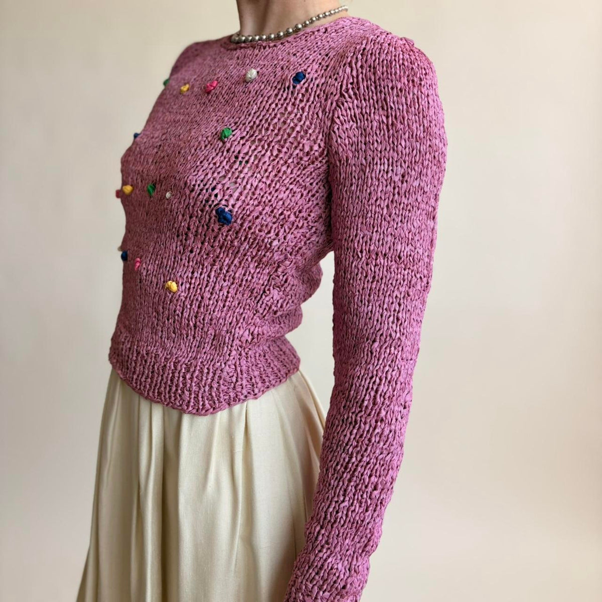 Vintage Pink Ribbon Knit Sweater - Multicolor Knot Details, Fits Small