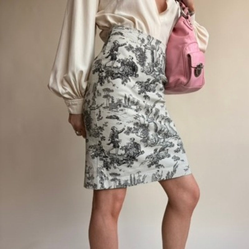 NYC Design Company Toile Pencil Skirt - Black & White Pastoral Scene, Stretchy Cotton, Size 4