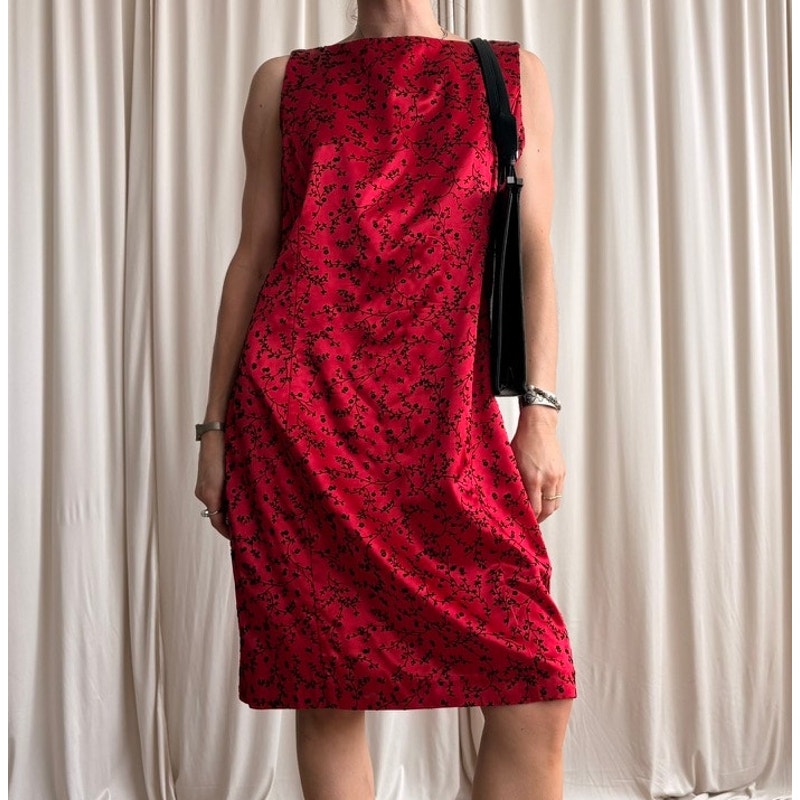Lois Snyder Floral Sheath Dress - Red & Black, Made in USA - Size 12 (Fits L)