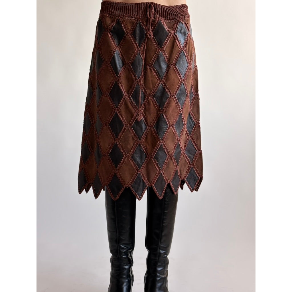 Vintage 1970s Handmade Turkish Diamond Patchwork Leather Skirt