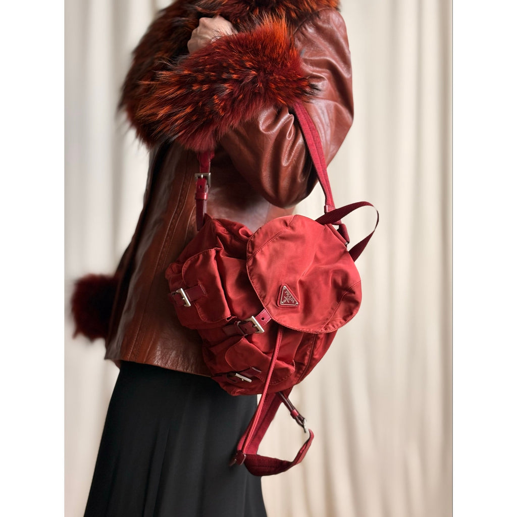 Vintage Prada Red Tessuto Vela Nylon Drawstring Backpack