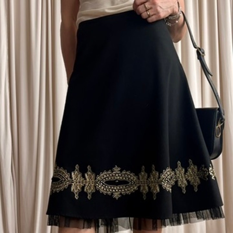Sunny Leigh Embroidered Skirt - Black, Gold Floral, Tulle Lining - Size 6 (Fits M)