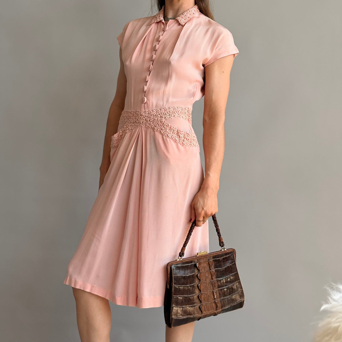 Vintage 1940s A Minx Modes Junior Pink Rayon Crepe Lace Dress