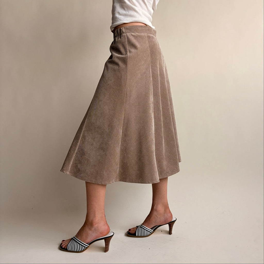 Edinburgh Woolen Mills Taupe A-Line Midi Skirt - Elastic Panel Waist, Size Small