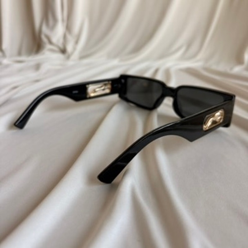 Narrow Black Rectangular Sunglasses - Gold Cheetah Emblem, Cutout Temple Detail