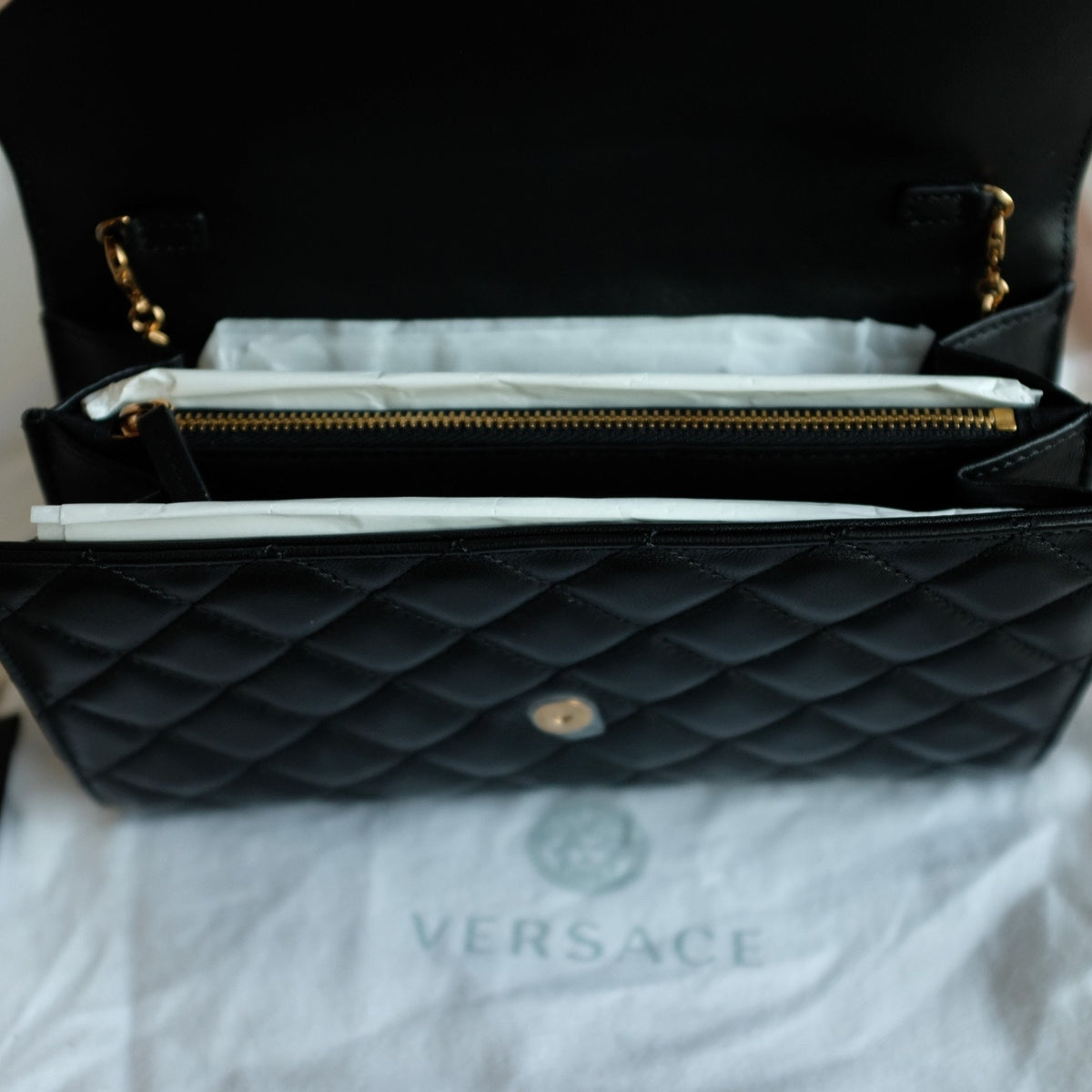 Versace Quilted Lambskin Leather Clutch - Black, Gold Hardware, NWOT