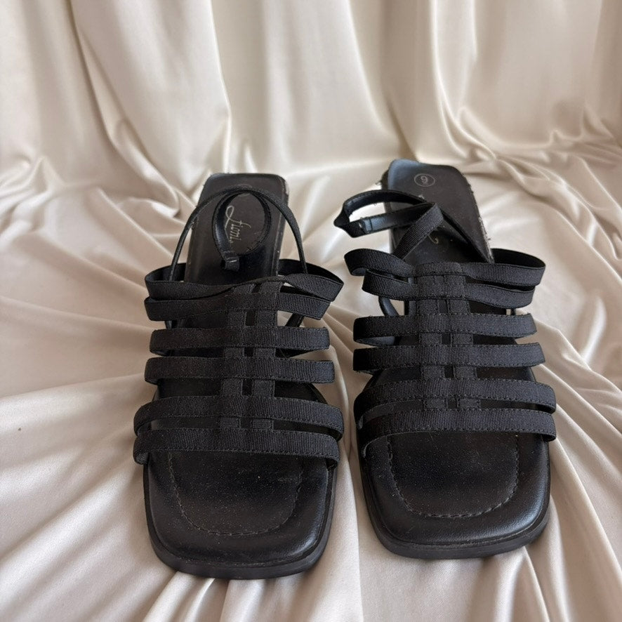 Fioni Black Strappy Sandals - Block Heel, Slingback, Size 9