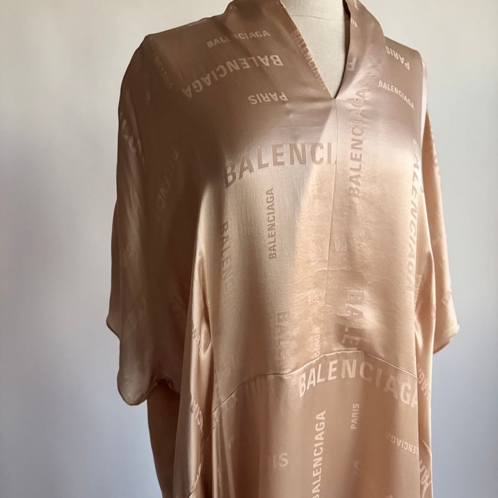 Vintage Balenciaga Champagne Beige Silk Jacquard Logo Midi Dress
