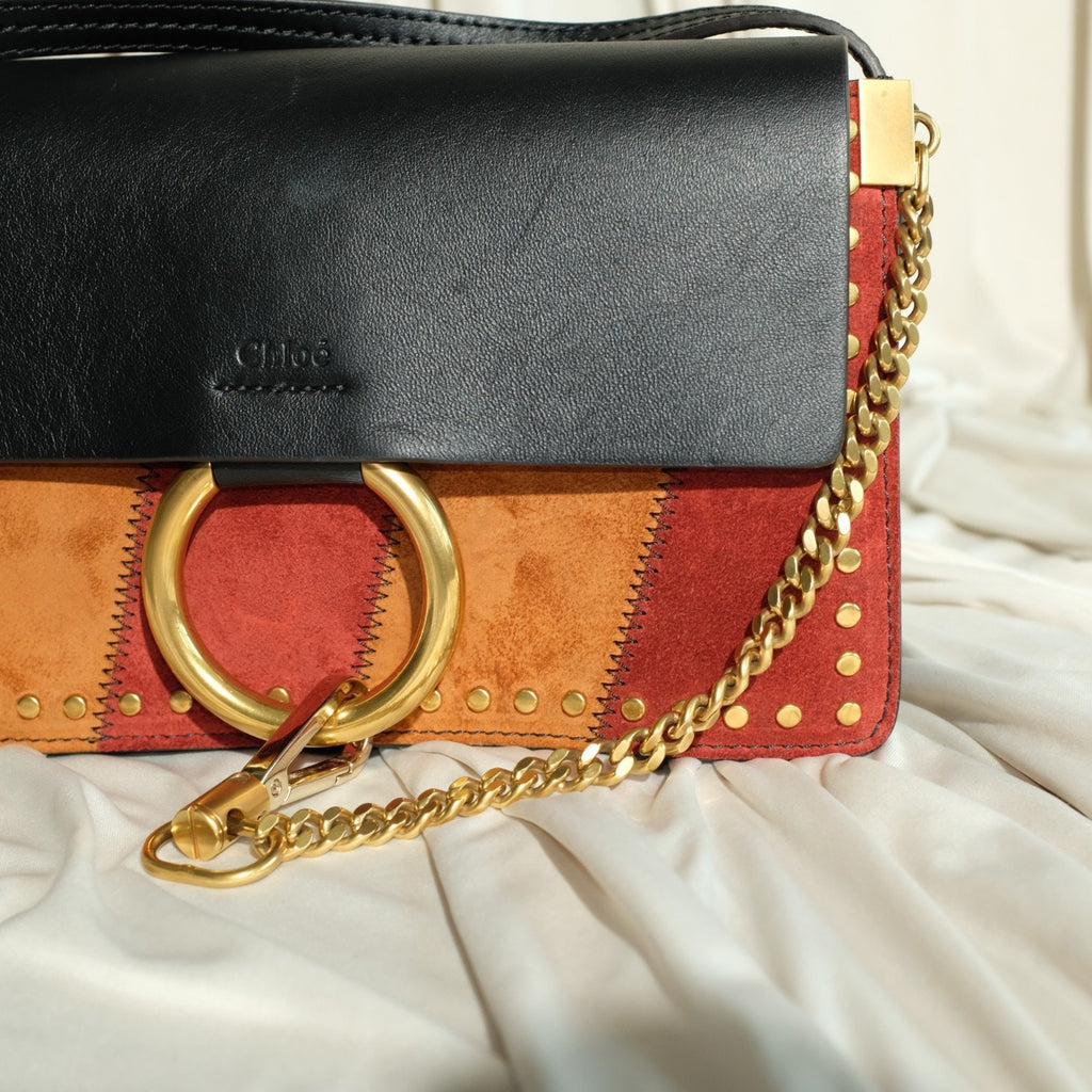 Chloe Brown Studded Suede Faye Crossbody Bag Black Leather