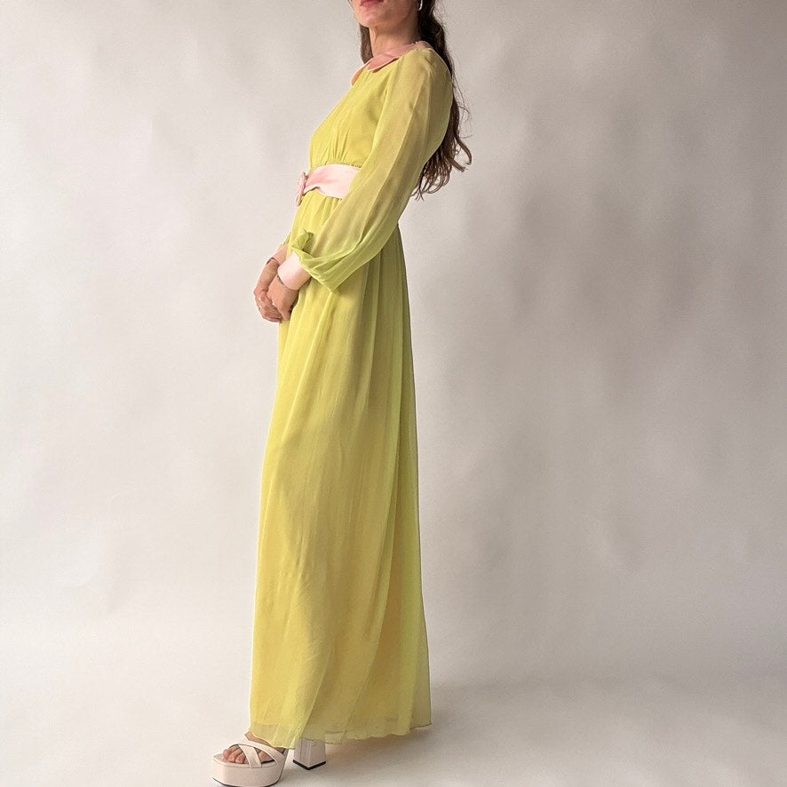Vintage 60s/70s Chartreuse Peter Pan Collar Maxi Dress w/ Belt
