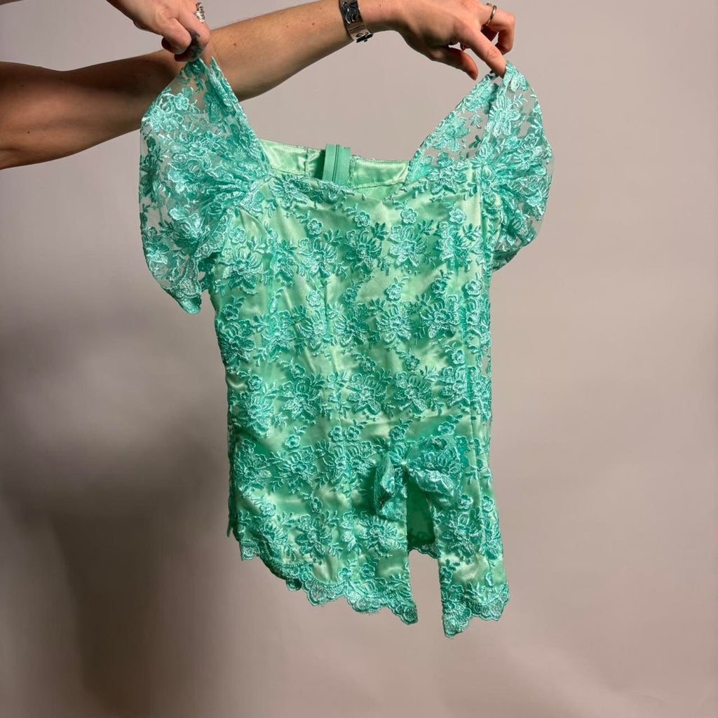 Vintage  Teal Lacy Cap Sleeve Blouse - Asymmetrical Hem- Small