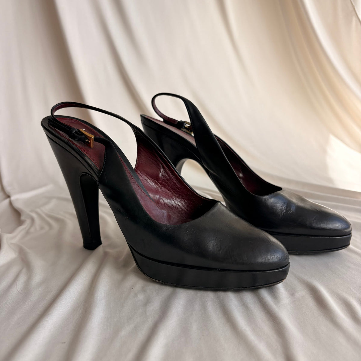 Vintage Prada Black Leather Slingback Platform Pumps - Gold Buckle, 37.5
