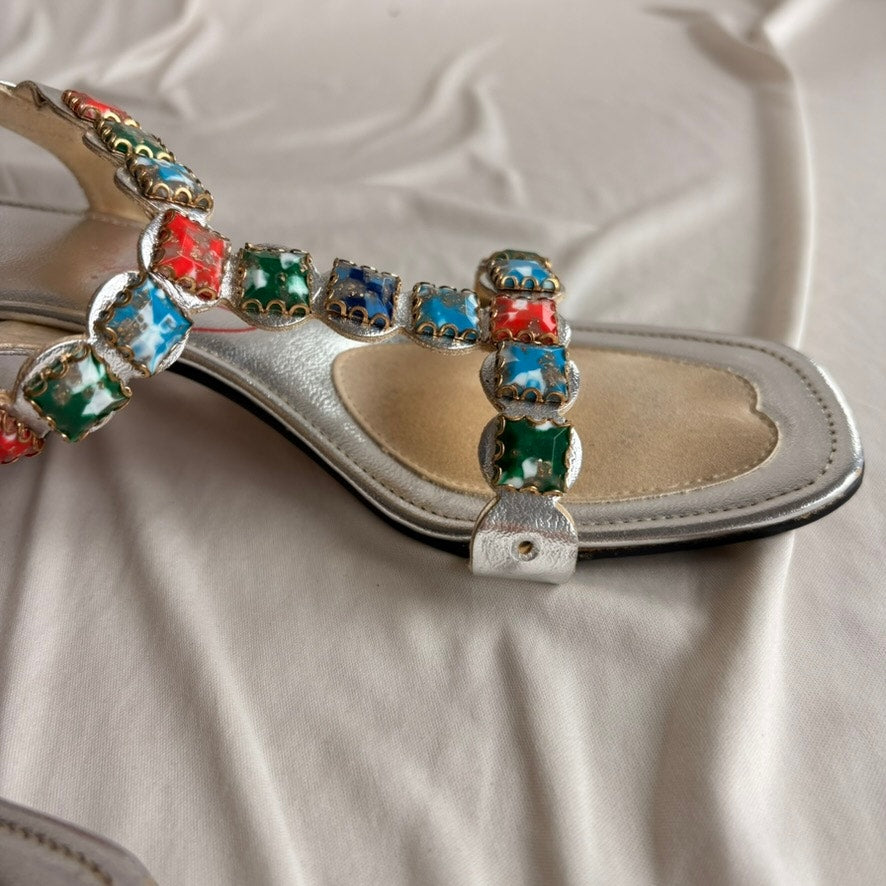 Vintage 70s California Magdesians Silver T-Strap Sandals - Jeweled, Size 7 (Fits 7.5)