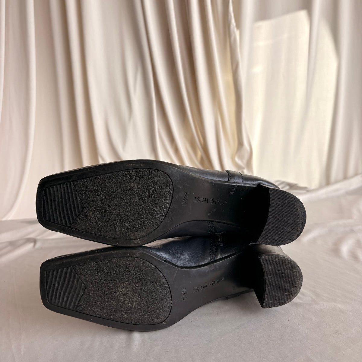 Vintage Navy Blue Leather Ankle Booties - Square Toe, Buckle Detail, 7.5