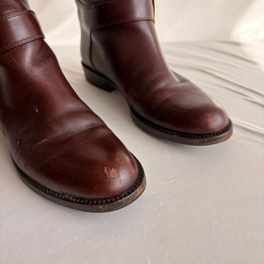 Vintage 1978 Idea Studios Brown Leather Riding Boots - Gold Buckle, 7.5