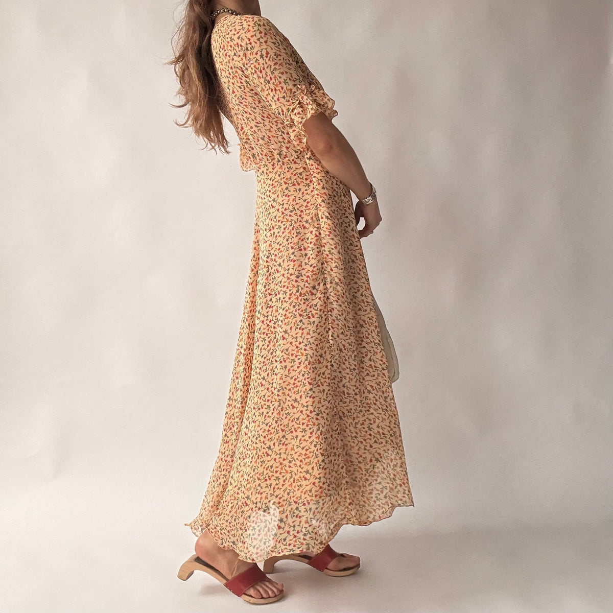 Vintage 70s Handmade Ditsy Floral Chiffon Maxi Dress - Small