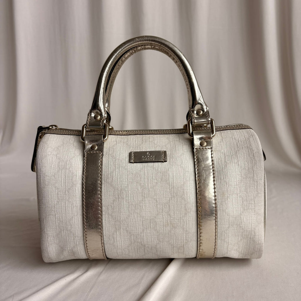 Gucci Small Joy Boston Bag - GG Supreme Canvas, White/Gold, Metallic Silver Trim
