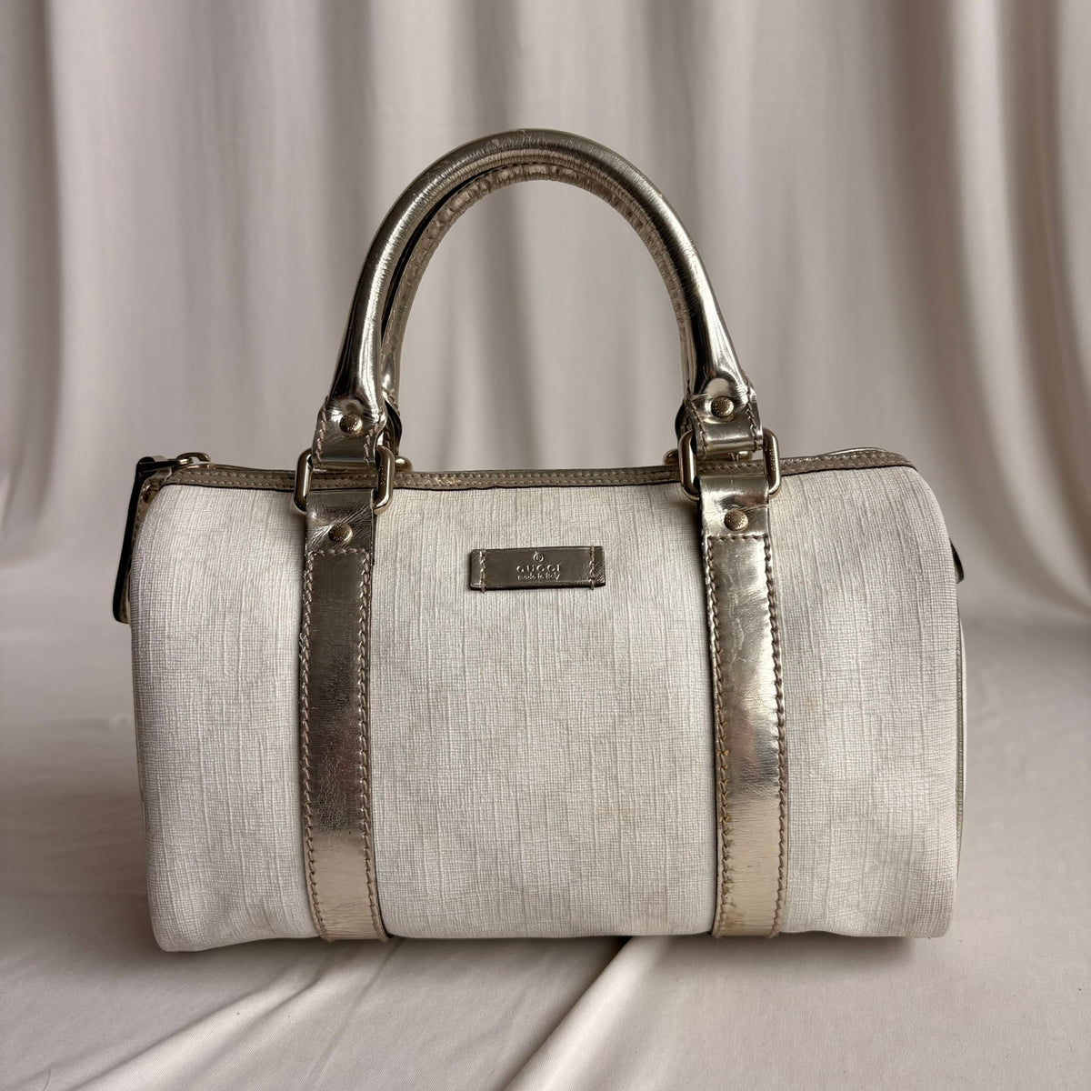 Gucci Small Joy Boston Bag - GG Supreme Canvas, White/Gold, Metallic Silver Trim