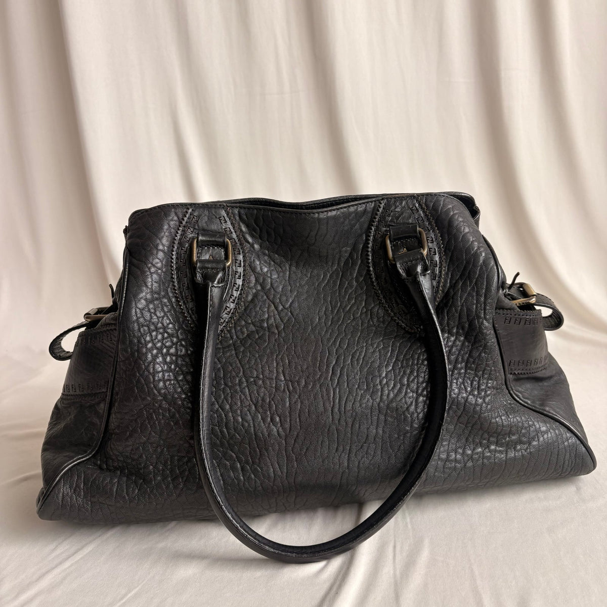 Fendi Black "Etnico Du Jour" Pebbled Calf Leather Handbag