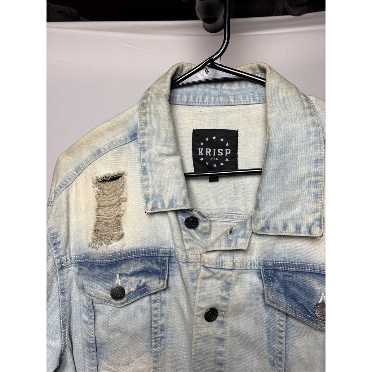 Krisp NYC Men’s Light Wash Distressed Denim Jacket | Size M